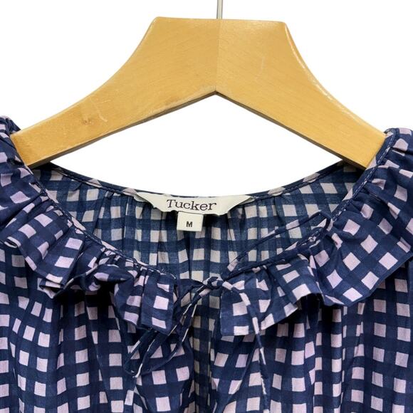 Tucker Navy Check Print Ruffle Midi Dress Silk Cotton Blend Sleeveless size M - Picture 6 of 7